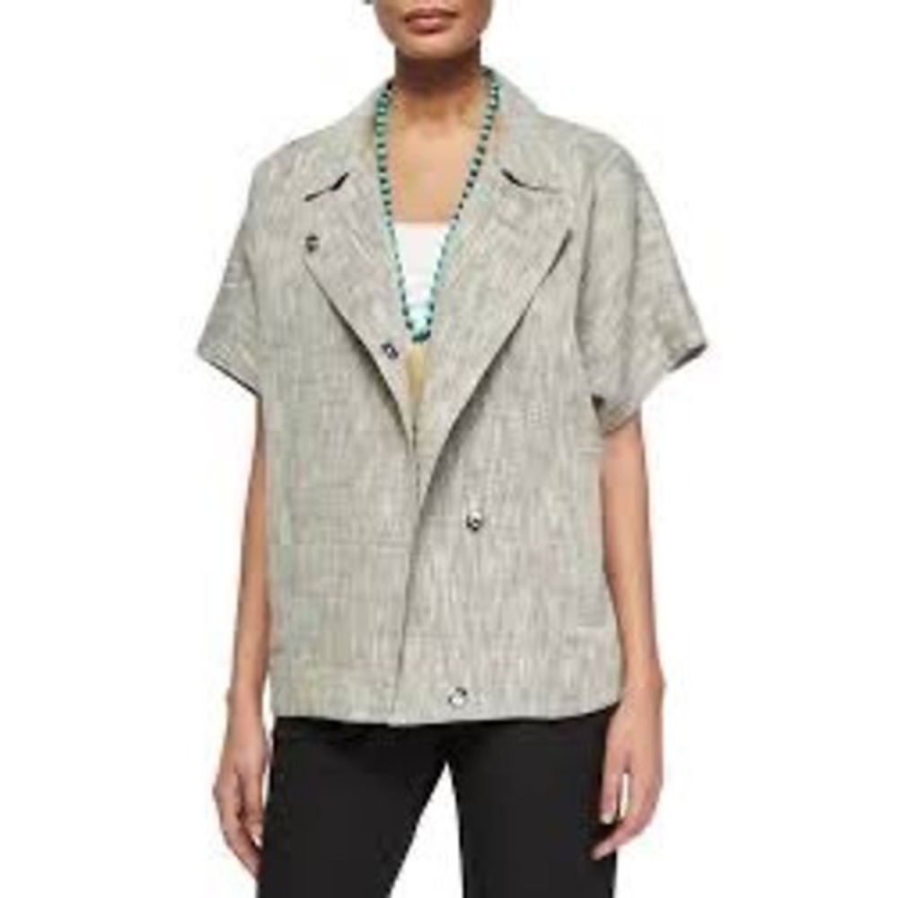 Eileen Fisher Jacket Womens M Grey Cotton Linen Short Sleeve Blazer Italian
